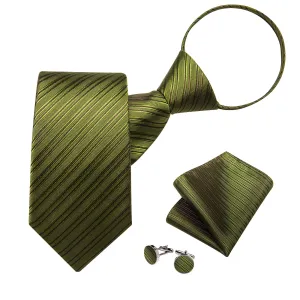 DiBanGu Silk Tie Olive Green Striped Lazy Easy-pull Mens Dress Tie Hanky Cufflinks Set