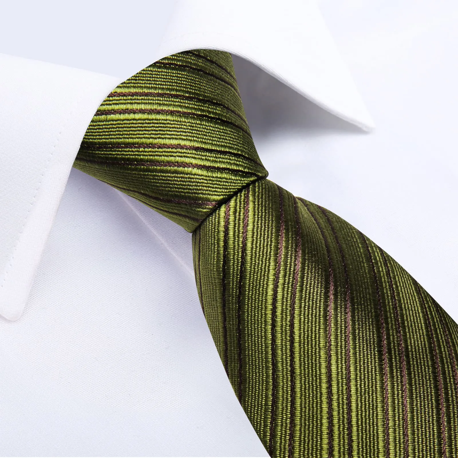 DiBanGu Silk Tie Olive Green Striped Lazy Easy-pull Mens Dress Tie Hanky Cufflinks Set