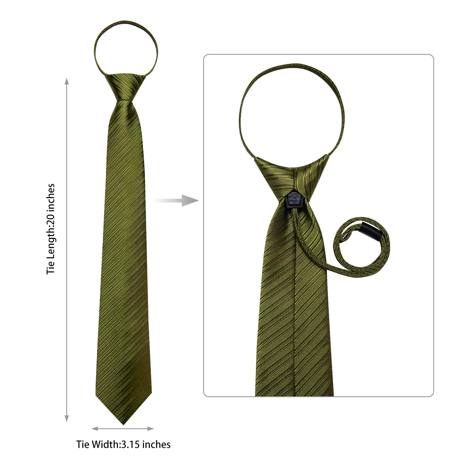 DiBanGu Silk Tie Olive Green Striped Lazy Easy-pull Mens Dress Tie Hanky Cufflinks Set