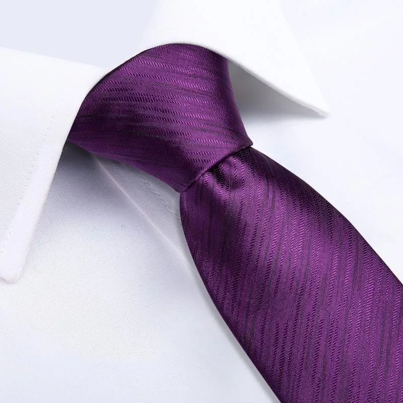 DiBanGu Silk Tie Purple Striped Men's Dress Tie Handkerchief Cufflinks Set