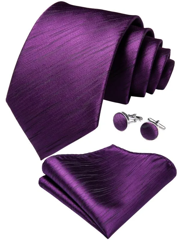 DiBanGu Silk Tie Purple Striped Men's Dress Tie Handkerchief Cufflinks Set