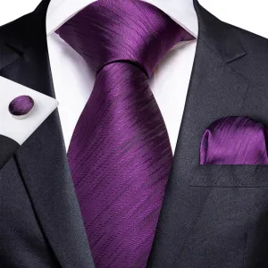 DiBanGu Silk Tie Purple Striped Men's Dress Tie Handkerchief Cufflinks Set