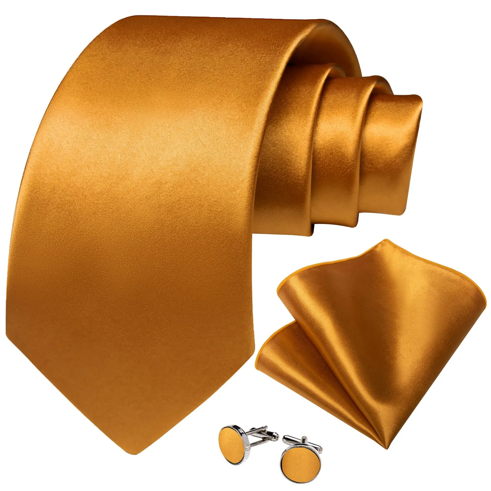 DiBanGu Silk Tie Shining Pure Gold Solid Mens Formal Dress Tie Handkerchief Cufflinks Set