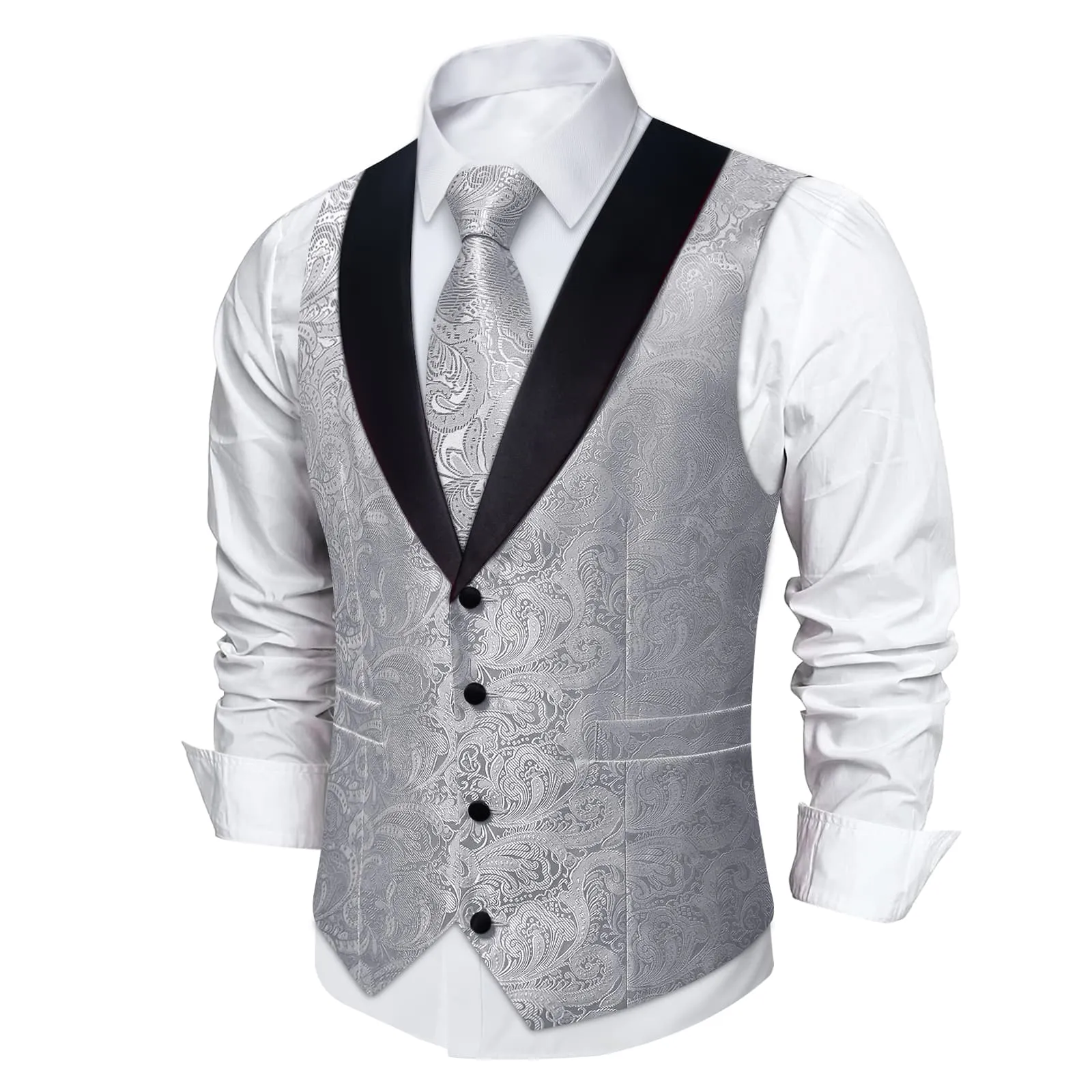 DiBanGu Silver Grey Floral Silk Shawl Collar Mens Dress Vest Tie Set