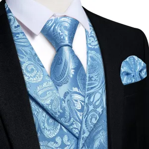 DiBanGu Sky Blue Paisley Notched Collar Silk Mens Vest Tie Set