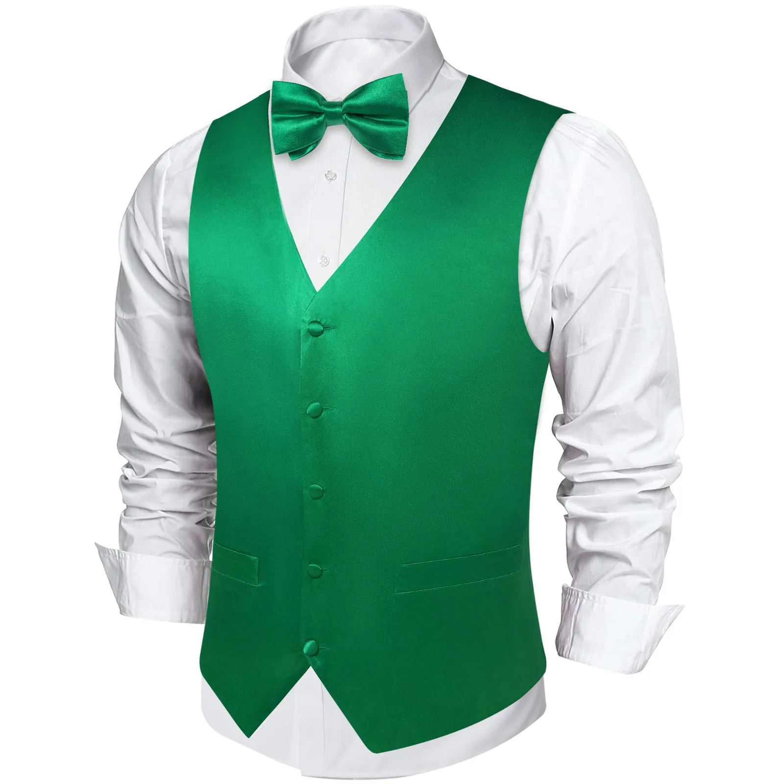 DiBanGu Sleeveless Vest For Men Green Solid Jacquard Silk Waistcoat Vest Necktie Bowtie Handkerchief Cufflinks Set