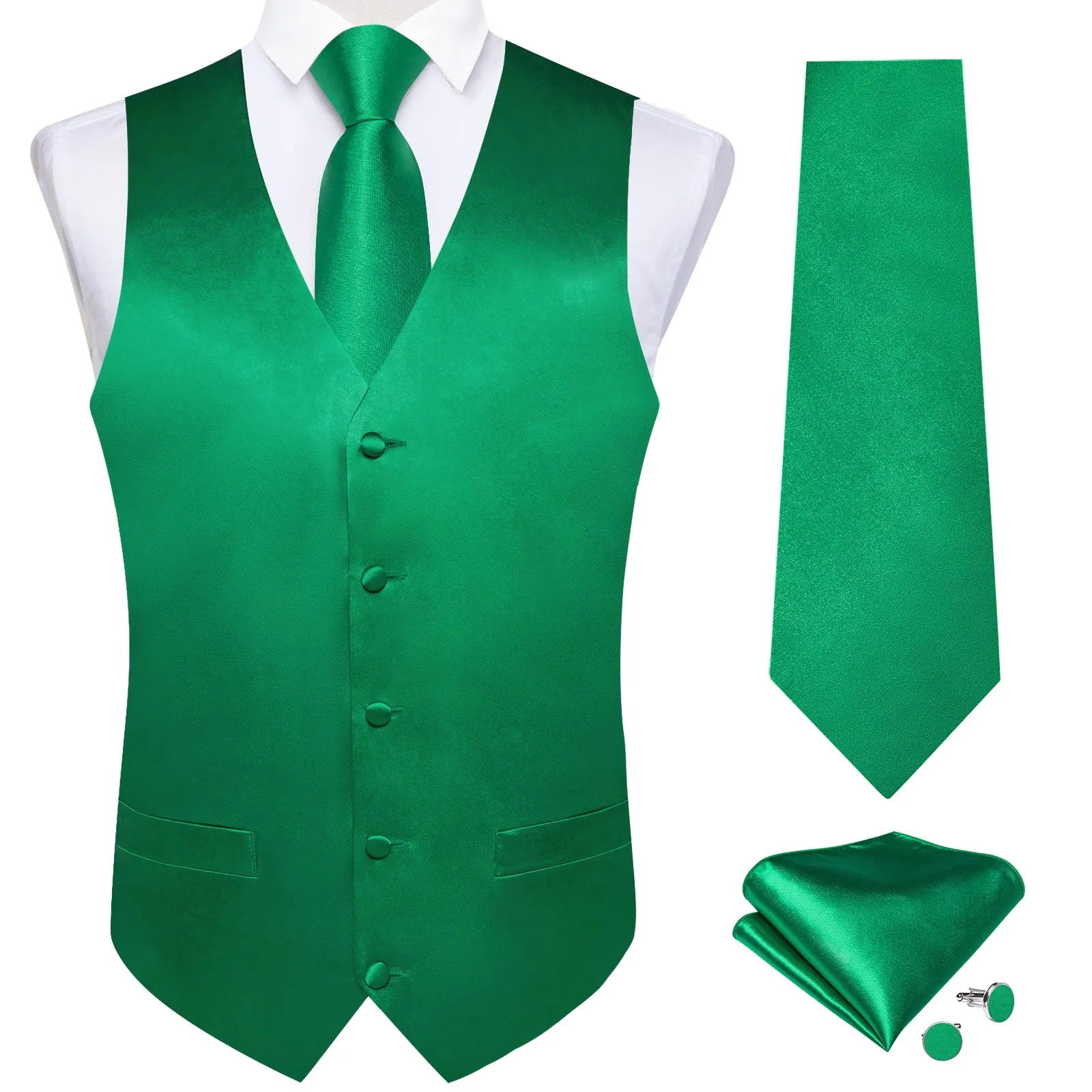 DiBanGu Sleeveless Vest For Men Green Solid Jacquard Silk Waistcoat Vest Necktie Bowtie Handkerchief Cufflinks Set