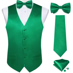 DiBanGu Sleeveless Vest For Men Green Solid Jacquard Silk Waistcoat Vest Necktie Bowtie Handkerchief Cufflinks Set