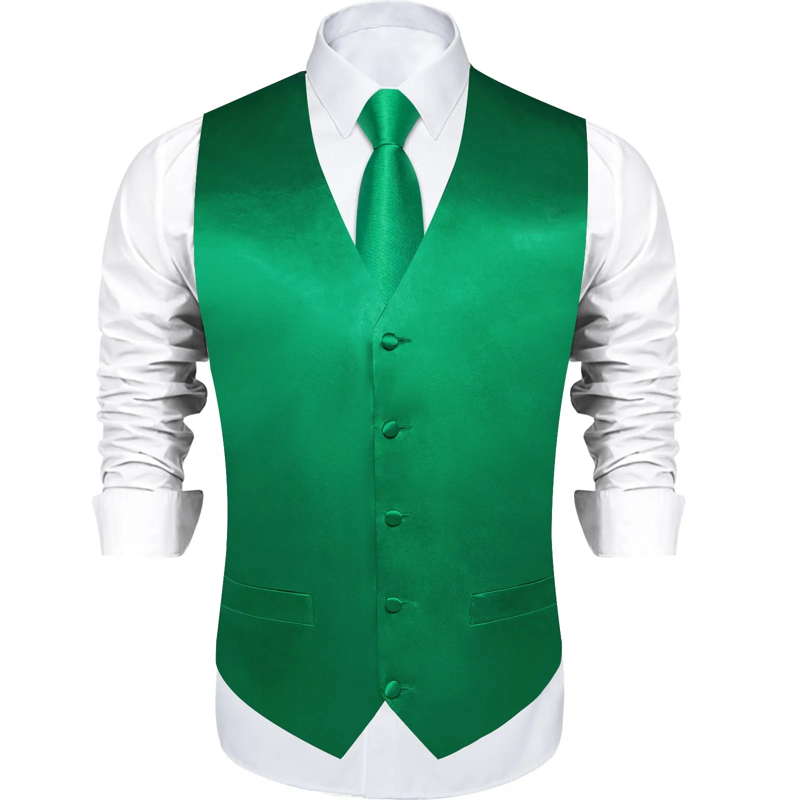 DiBanGu Sleeveless Vest For Men Green Solid Jacquard Silk Waistcoat Vest Necktie Bowtie Handkerchief Cufflinks Set