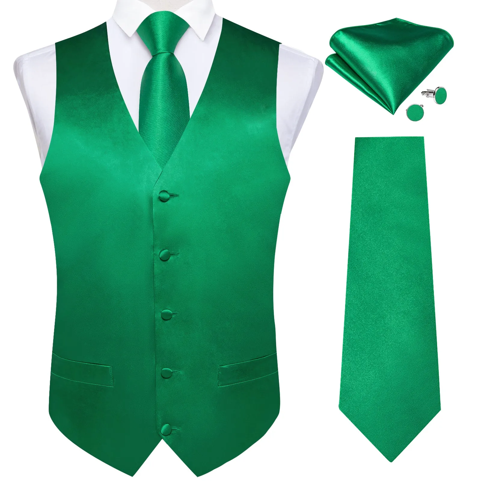 DiBanGu Sleeveless Vest For Men Green Solid Jacquard Silk Waistcoat Vest Necktie Bowtie Handkerchief Cufflinks Set