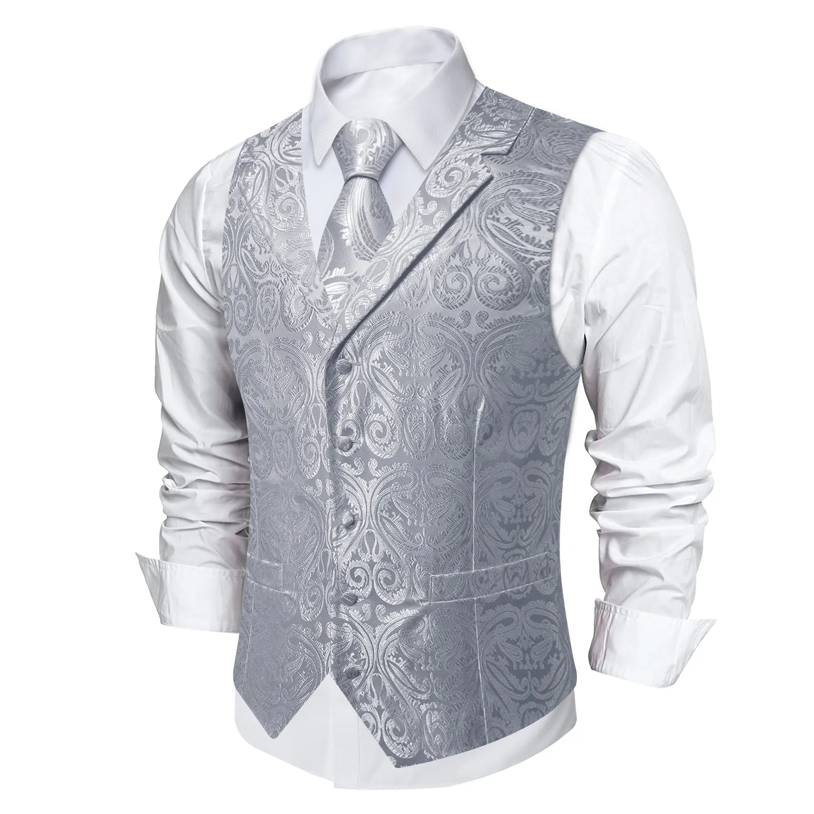 DiBanGu Smoke Grey Paisley Notched Collar Silk Mens Vest Tie Set