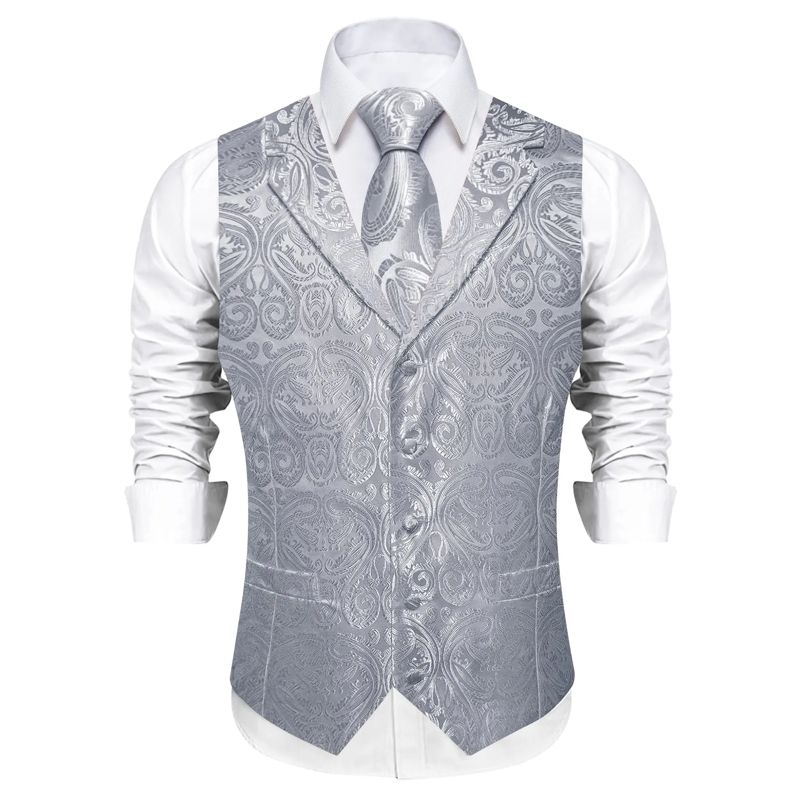 DiBanGu Smoke Grey Paisley Notched Collar Silk Mens Vest Tie Set