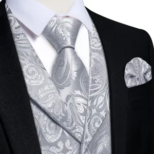 DiBanGu Smoke Grey Paisley Notched Collar Silk Mens Vest Tie Set