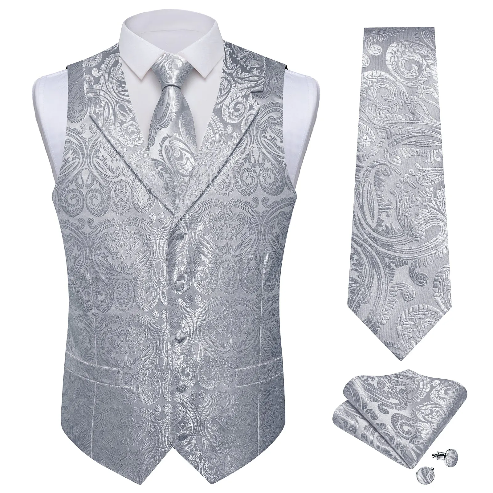 DiBanGu Smoke Grey Paisley Notched Collar Silk Mens Vest Tie Set