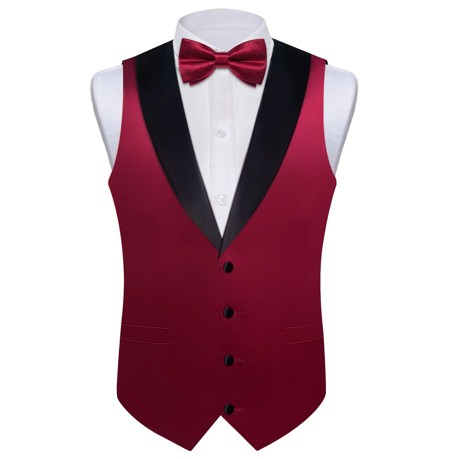 DiBanGu Tuxedo Vest Deep Burgundy Solid Silk Mens Button Dress Wedding Vest and Bow Tie Set