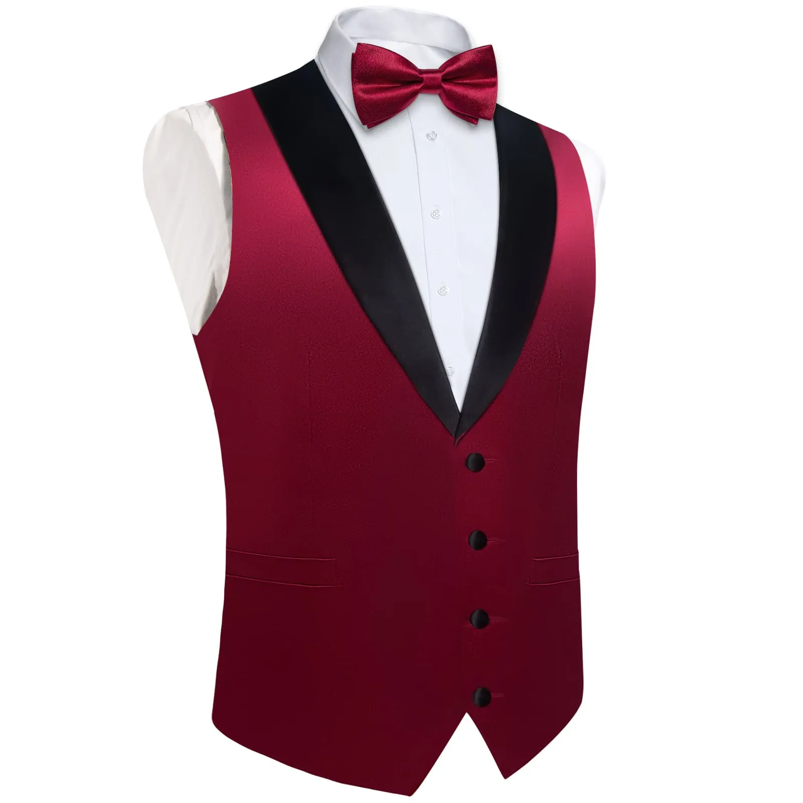 DiBanGu Tuxedo Vest Deep Burgundy Solid Silk Mens Button Dress Wedding Vest and Bow Tie Set