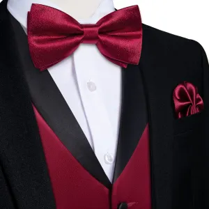 DiBanGu Tuxedo Vest Deep Burgundy Solid Silk Mens Button Dress Wedding Vest and Bow Tie Set