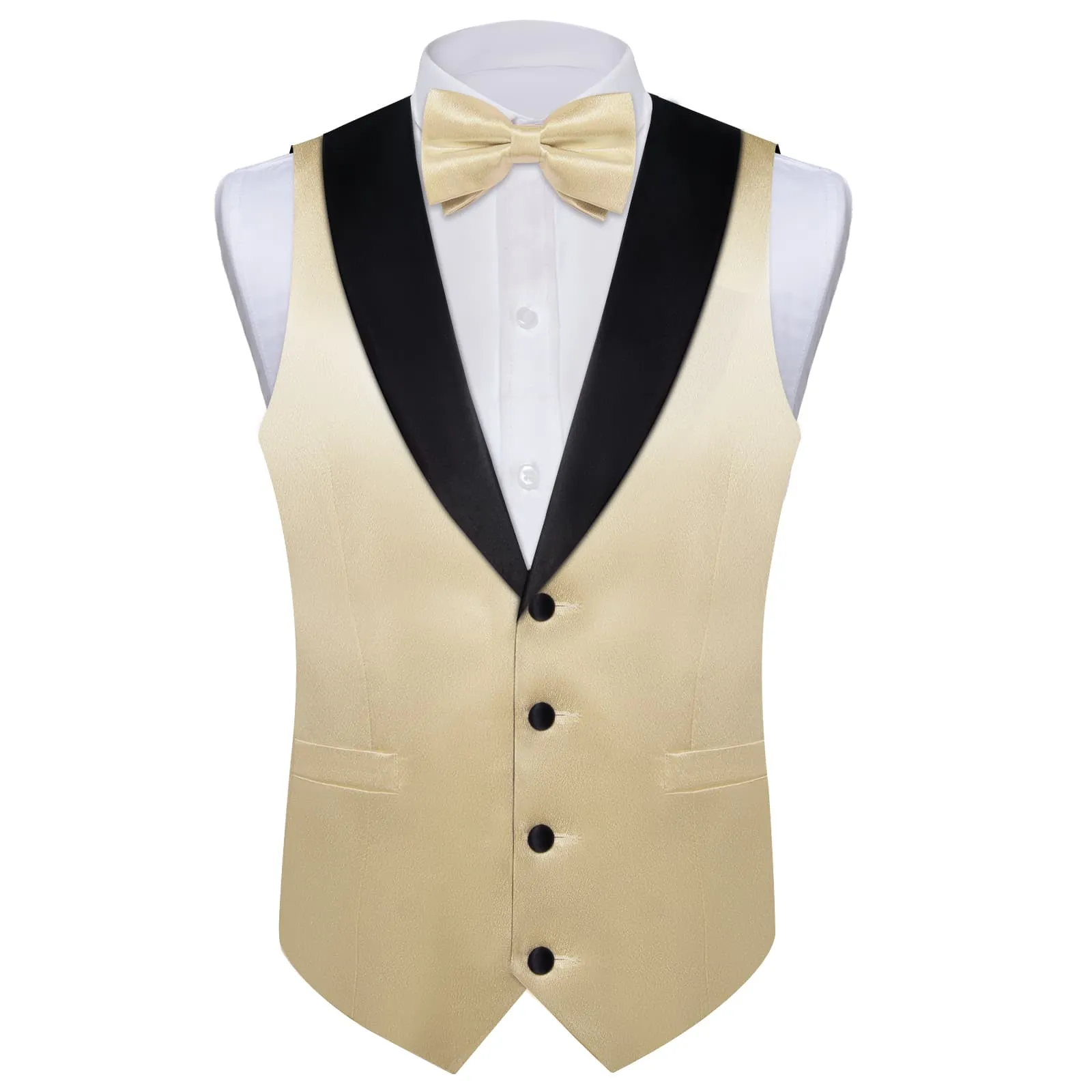 DiBanGu Tuxedo Vest Pearl White Solid Silk Mens Button Dress Wedding Vest Bow Tie Set