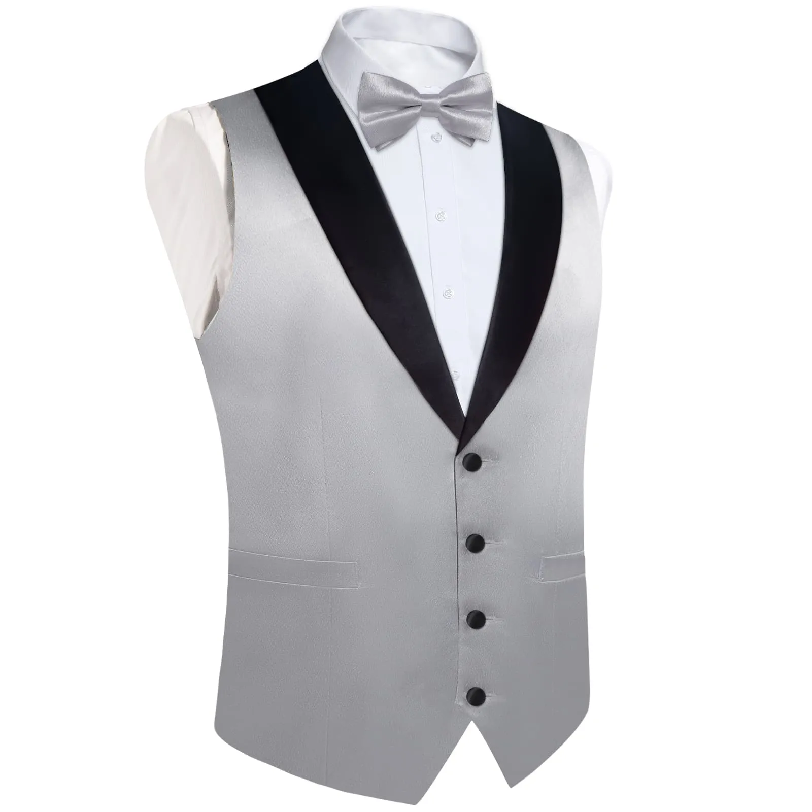 DiBanGu Tuxedo Vest Smoke Gray Solid Silk Mens Button Vest and Bow Tie Set