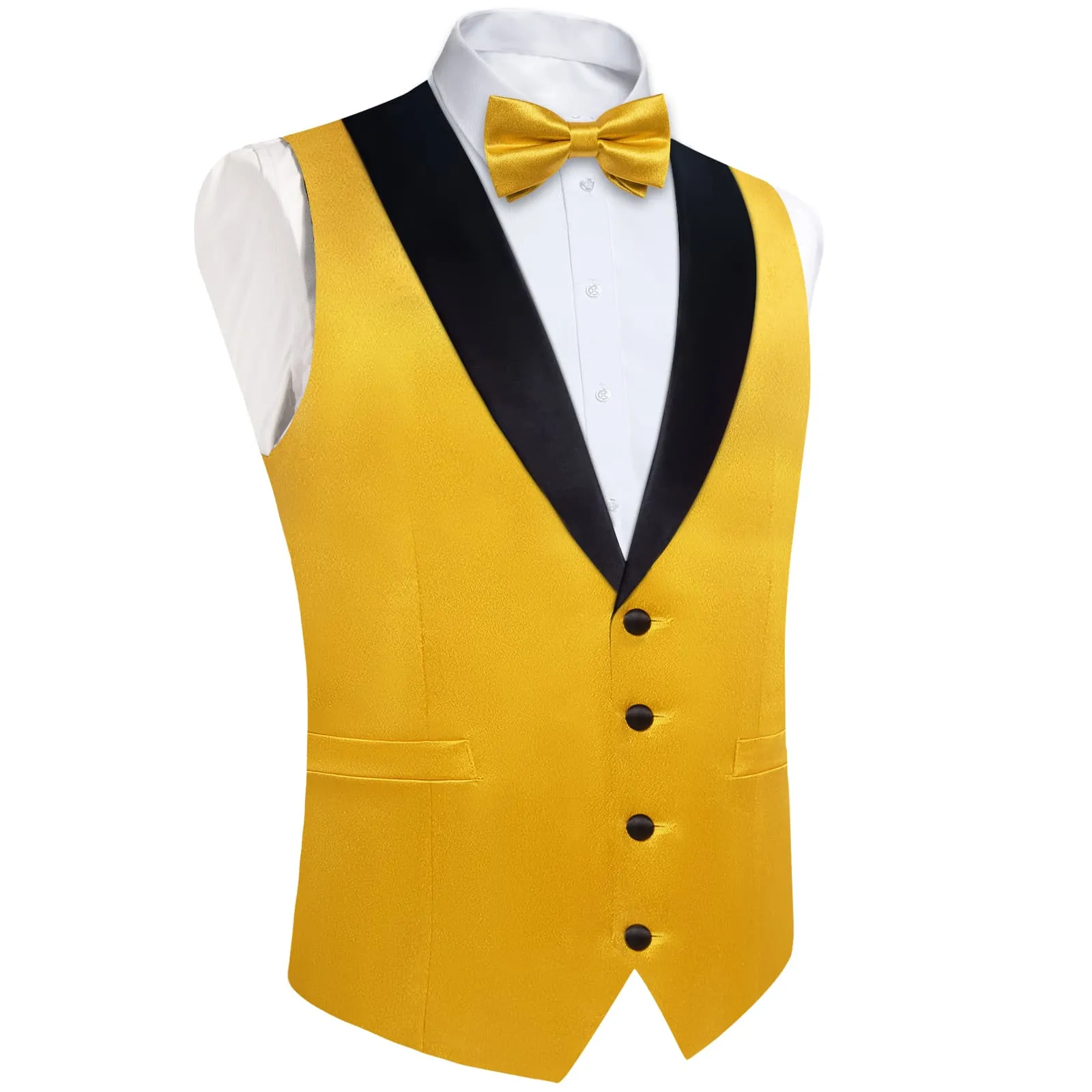 DiBanGu Tuxedo Vest Urobilin Yellow Solid Silk Mens Button Vest and Bow Tie Set