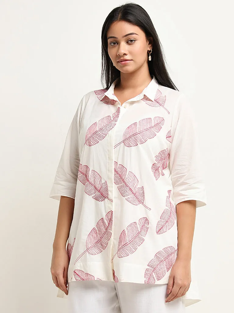 Diza Red Leaf Embroidered High-Low Cotton Tunic