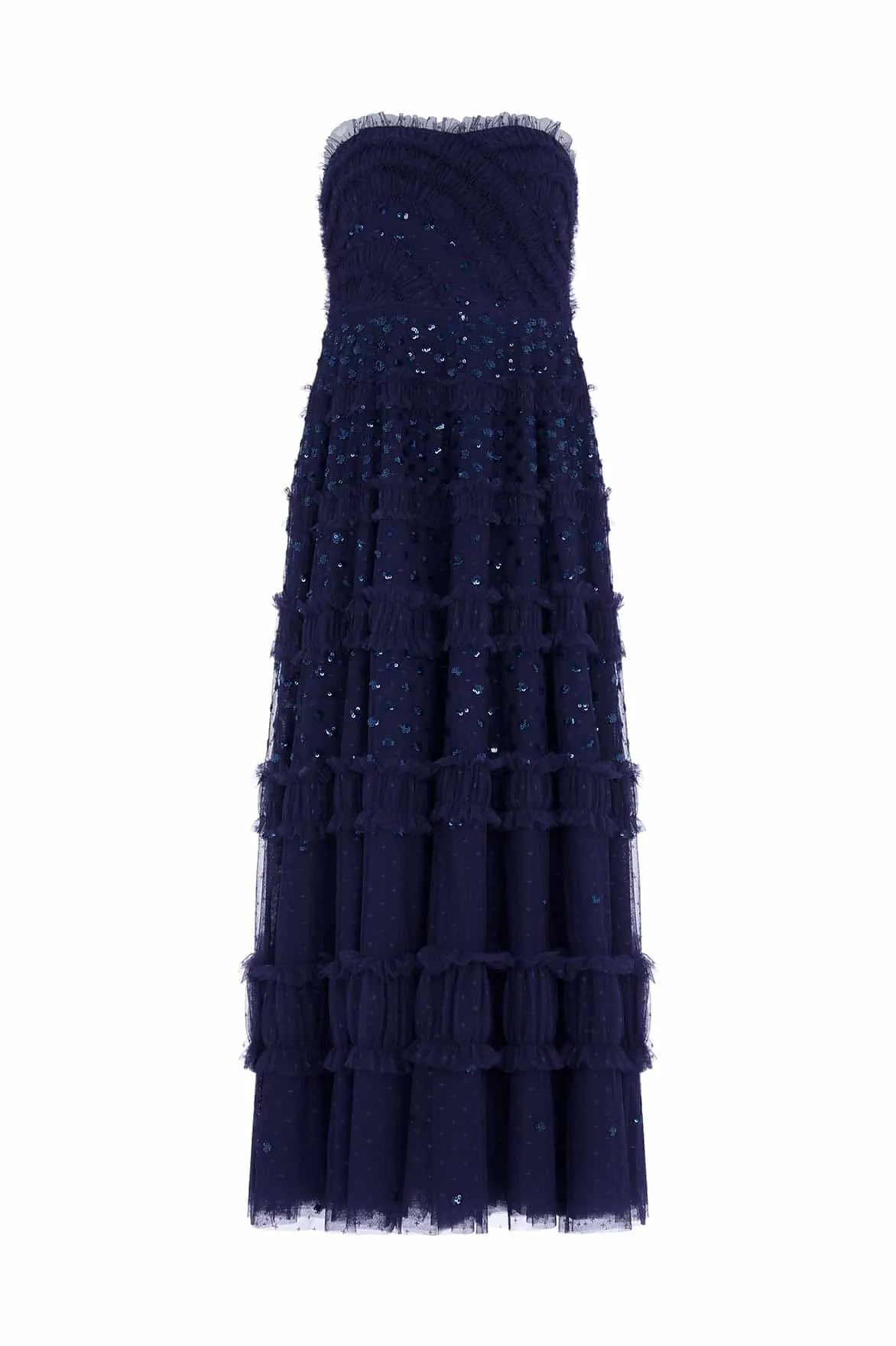 Dot Shimmer Tiered Strapless Ankle Gown