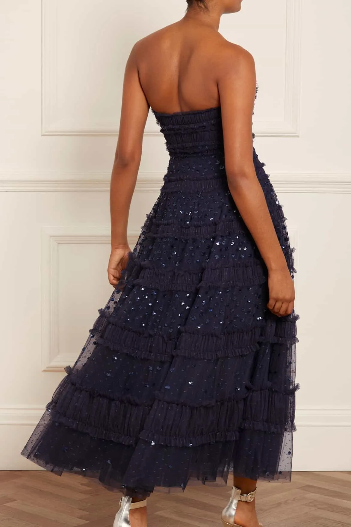 Dot Shimmer Tiered Strapless Ankle Gown