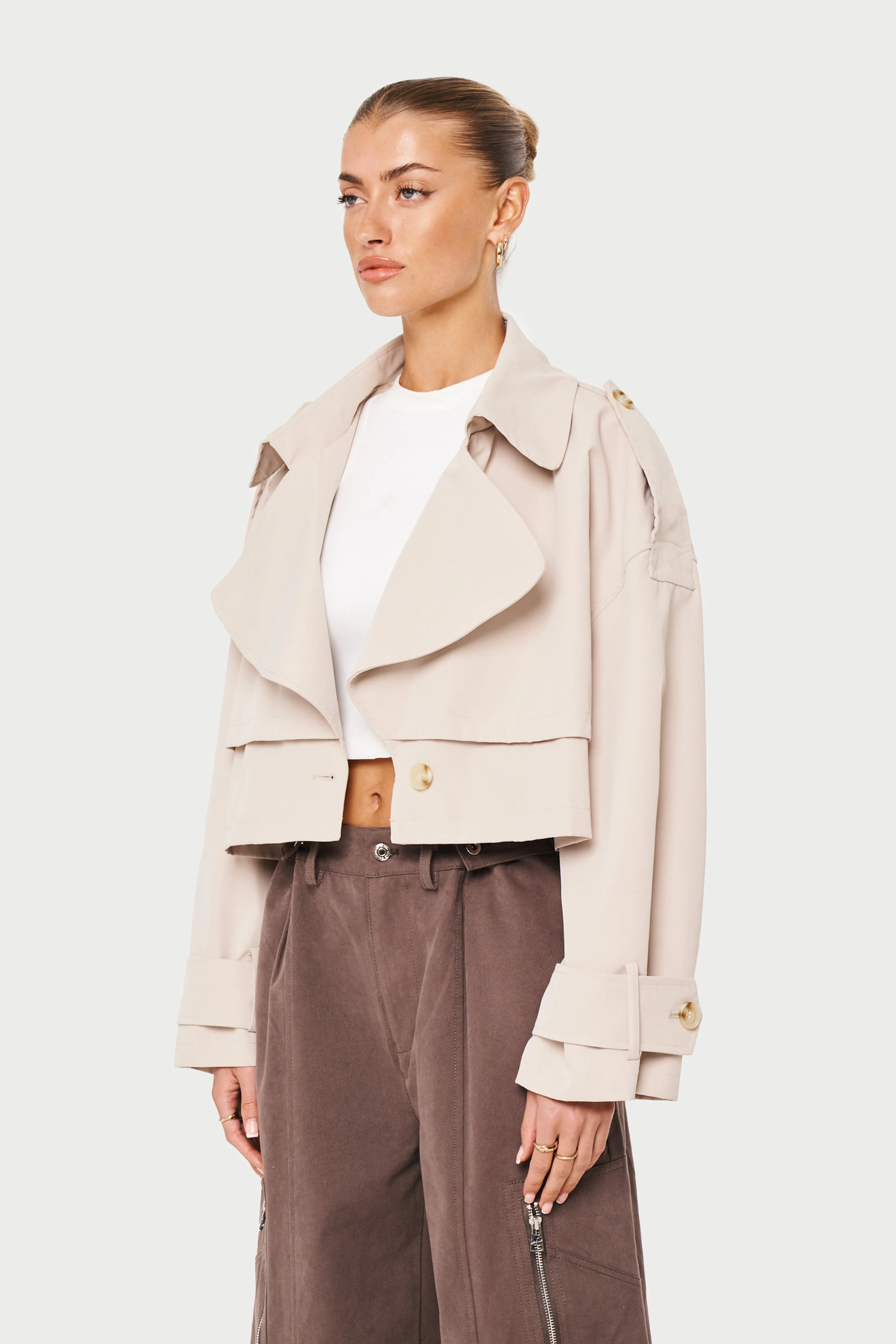 DOUBLE LAYER CROPPED TRENCH COAT - BEIGE