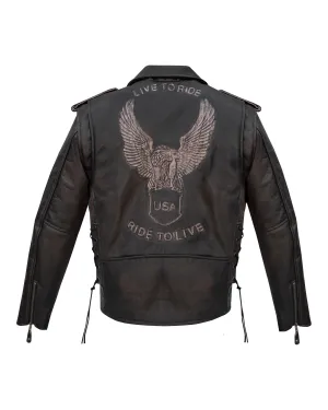 Dream Apparel Men's Leather Motorcycle Jacket with Emboss Eagle, Live to Ride, Ride to Live