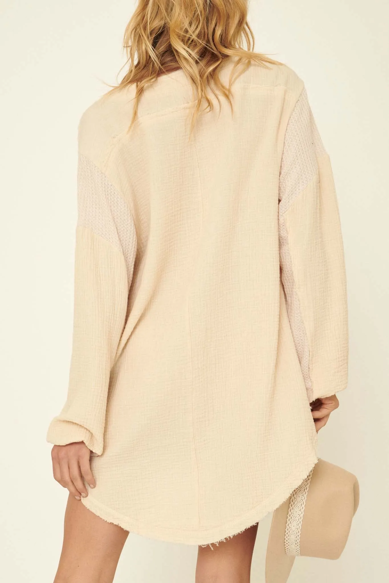 Early Bird Crinkle Cotton Henley Tunic Mini Dress