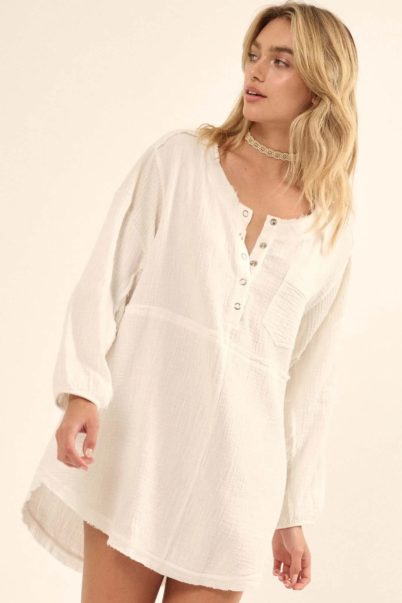 Early Bird Crinkle Cotton Henley Tunic Mini Dress