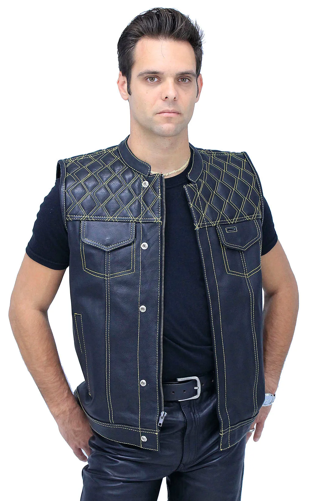 Easy Access Leather Club Vest with Yellow Stitched Quilting #VM6409Y