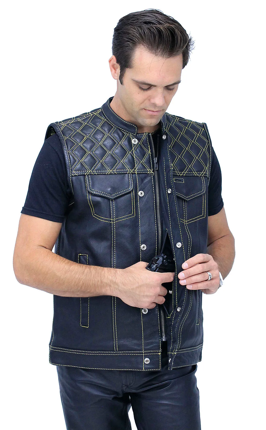 Easy Access Leather Club Vest with Yellow Stitched Quilting #VM6409Y