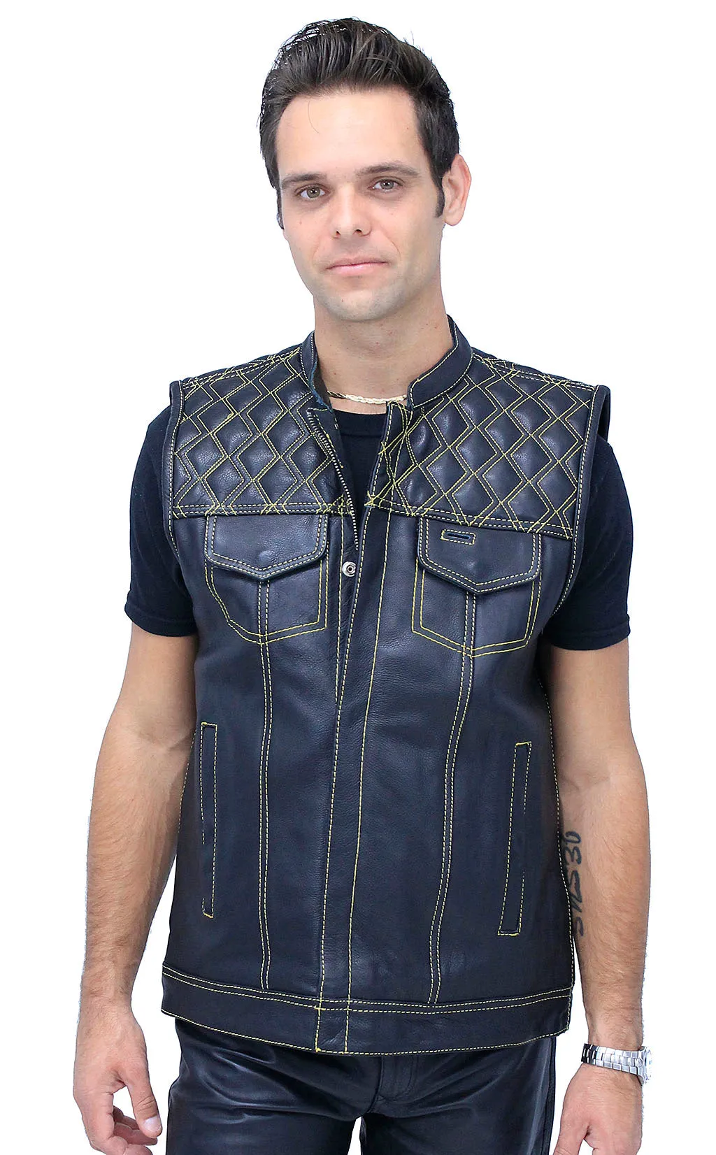 Easy Access Leather Club Vest with Yellow Stitched Quilting #VM6409Y