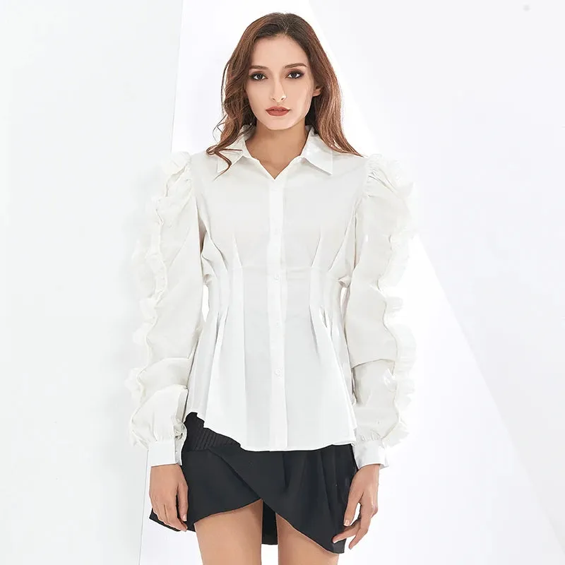 Elegant Solid Shirt For Women Lapel Ruffle Sleeve Tunic Minimalist Blouse Female Fashion Clothing Spring