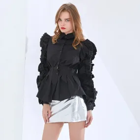 Elegant Solid Shirt For Women Lapel Ruffle Sleeve Tunic Minimalist Blouse Female Fashion Clothing Spring