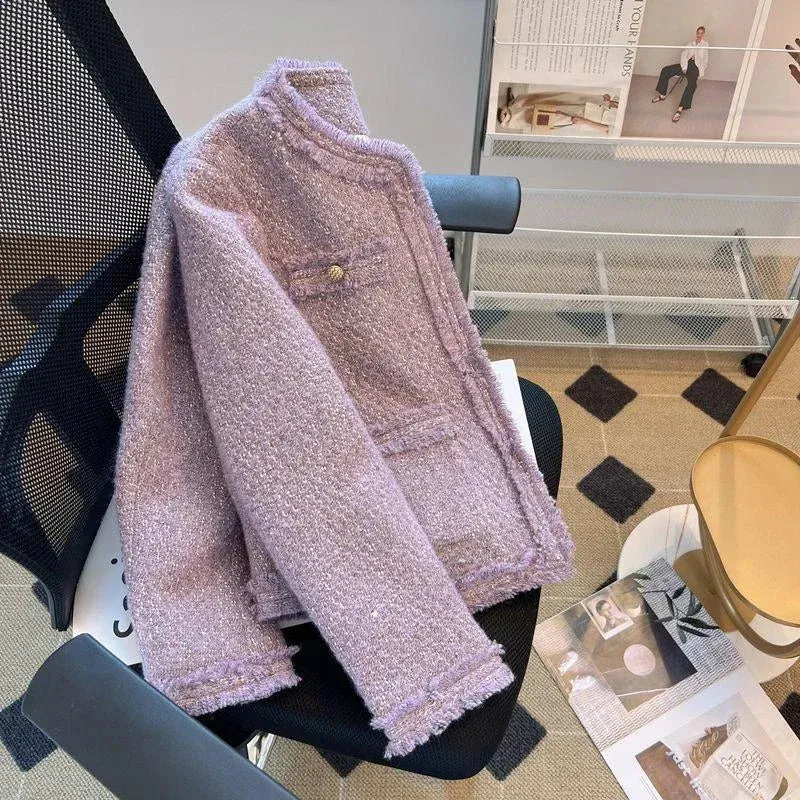 Elegant Tweed Jacket Women Vintage Cropped Coat Single Breasted Blazer Autumn Winter Ladies Korean Chic Short Outerwear