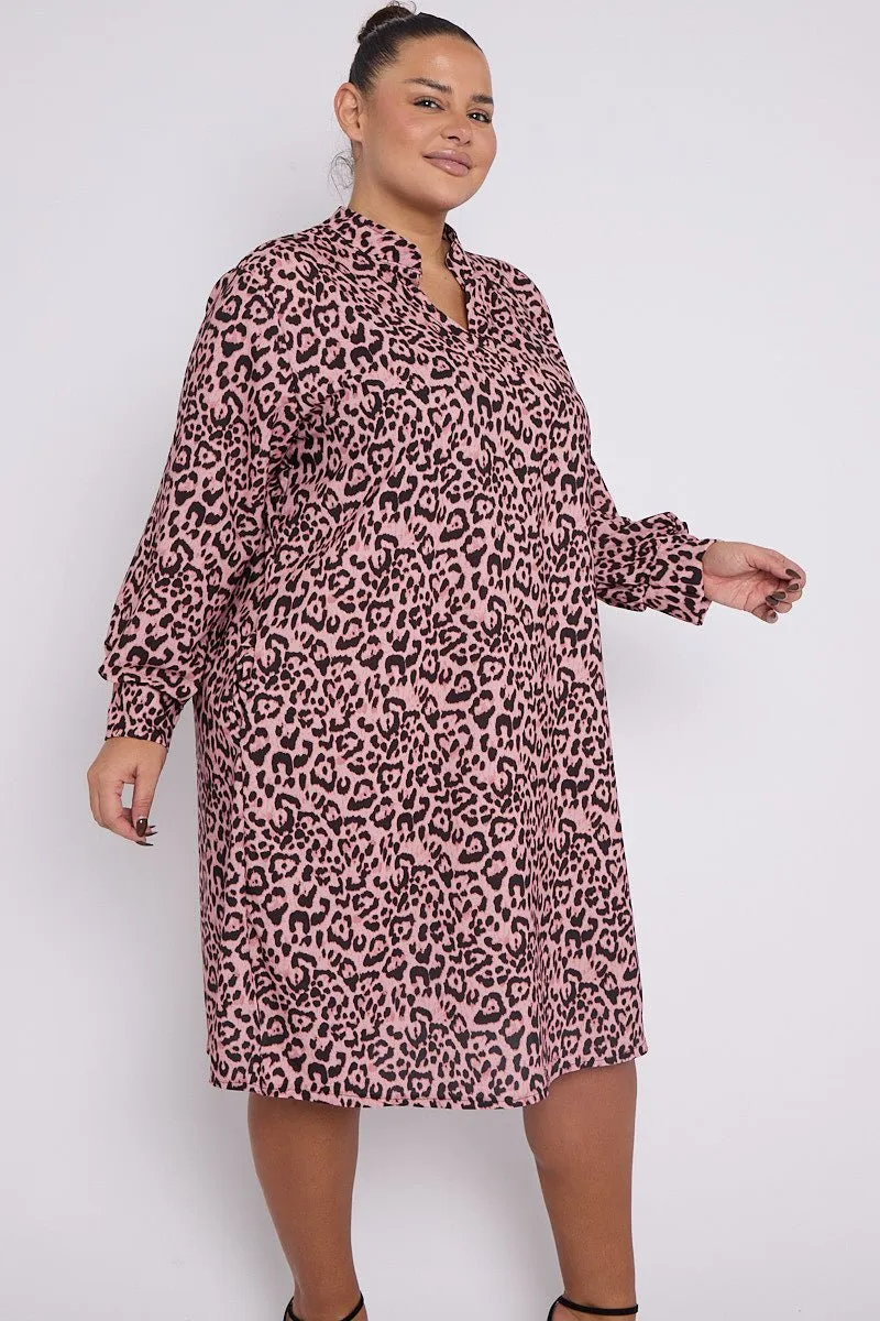 Eliana PLUS SIZE Pink Animal Print Collar Style Dress With Pockets