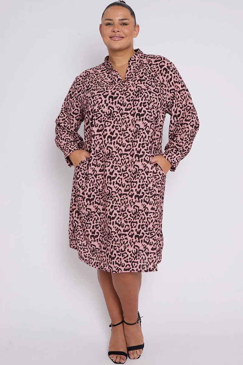 Eliana PLUS SIZE Pink Animal Print Collar Style Dress With Pockets