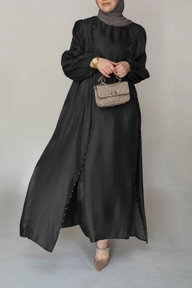 Ell organza like faux pearl abaya with slip dress and detachable belt ramadan eid set in black