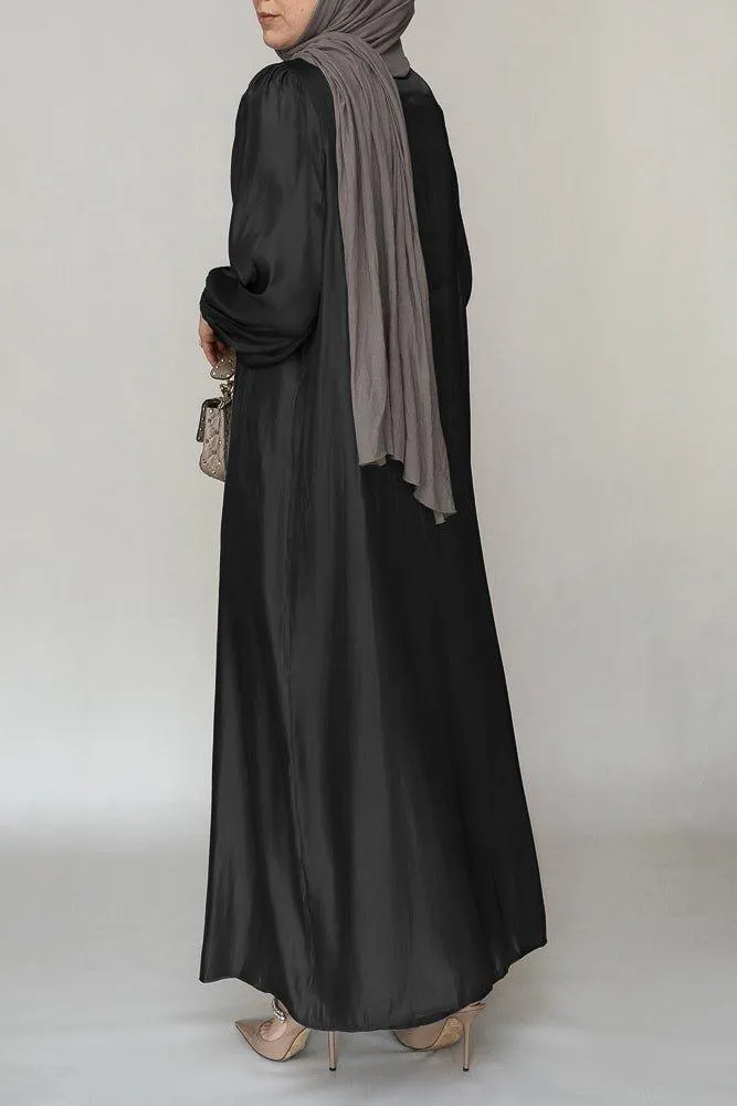 Ell organza like faux pearl abaya with slip dress and detachable belt ramadan eid set in black