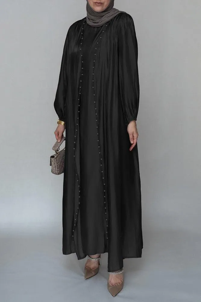 Ell organza like faux pearl abaya with slip dress and detachable belt ramadan eid set in black