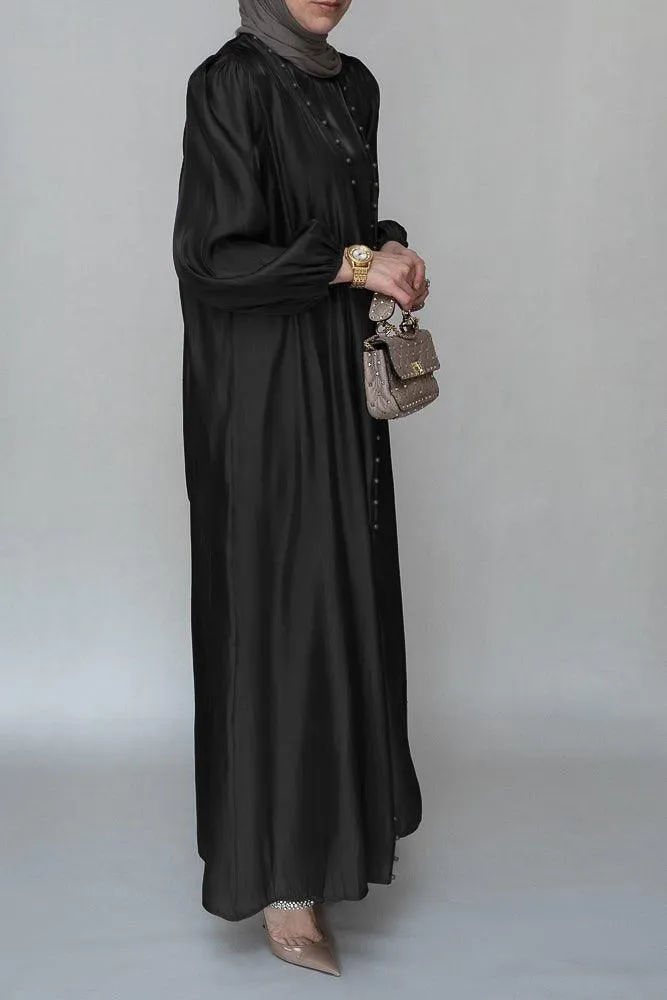 Ell organza like faux pearl abaya with slip dress and detachable belt ramadan eid set in black