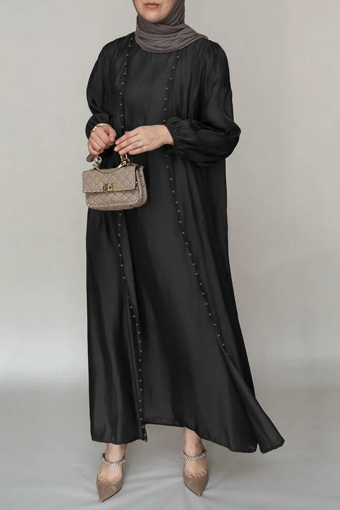 Ell organza like faux pearl abaya with slip dress and detachable belt ramadan eid set in black