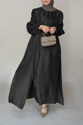 Ell organza like faux pearl abaya with slip dress and detachable belt ramadan eid set in black