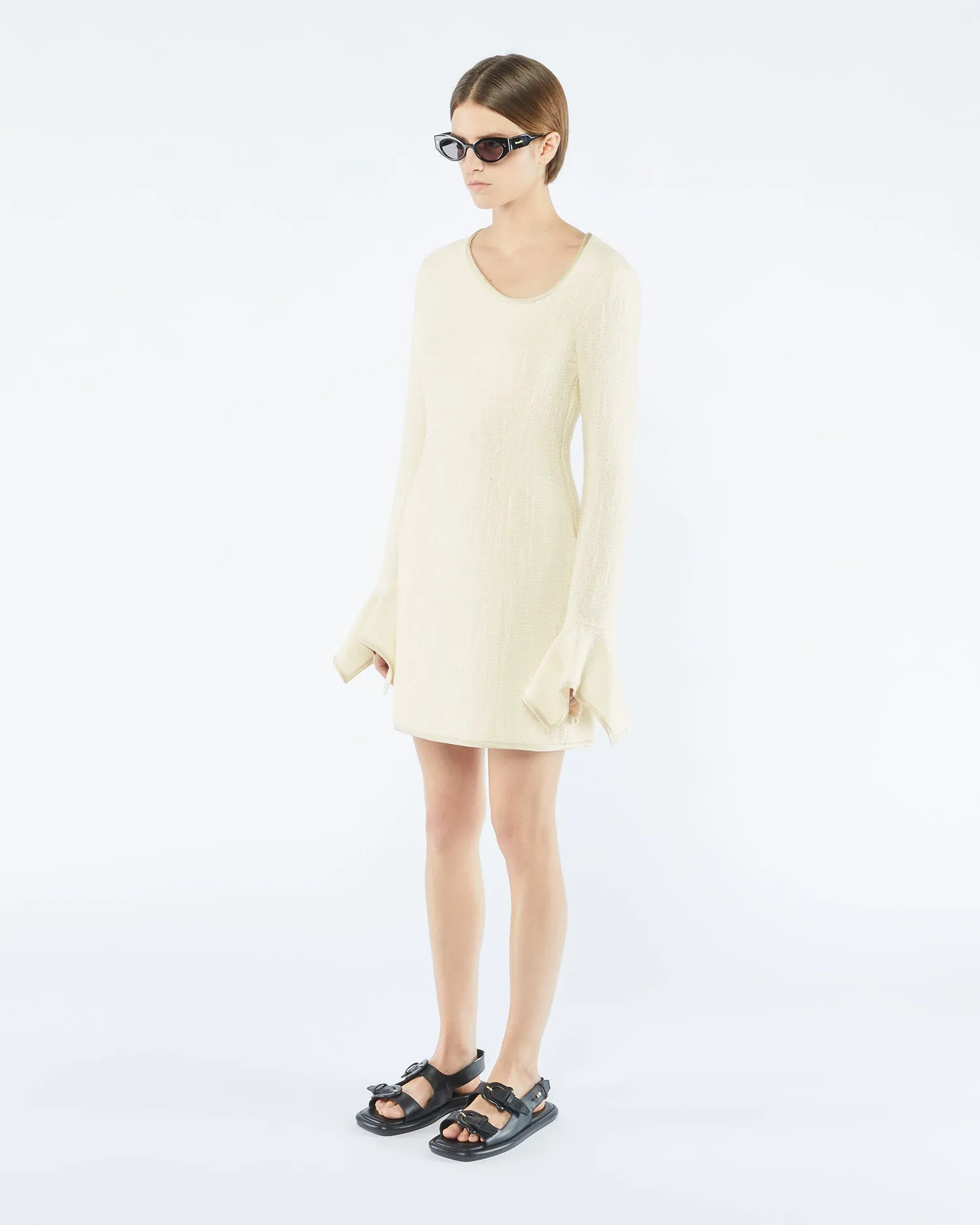 Elva - Sale Textured Bouclé Tweed Dress - Creme