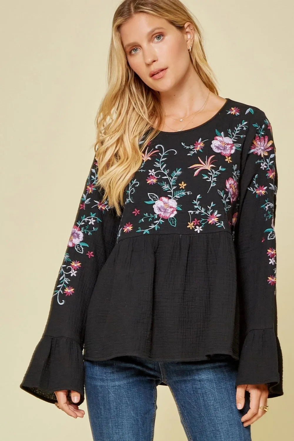 Embroidered Babydoll Top, Black