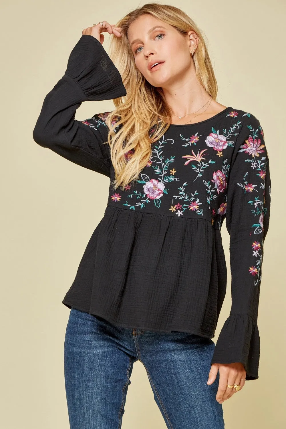 Embroidered Babydoll Top, Black