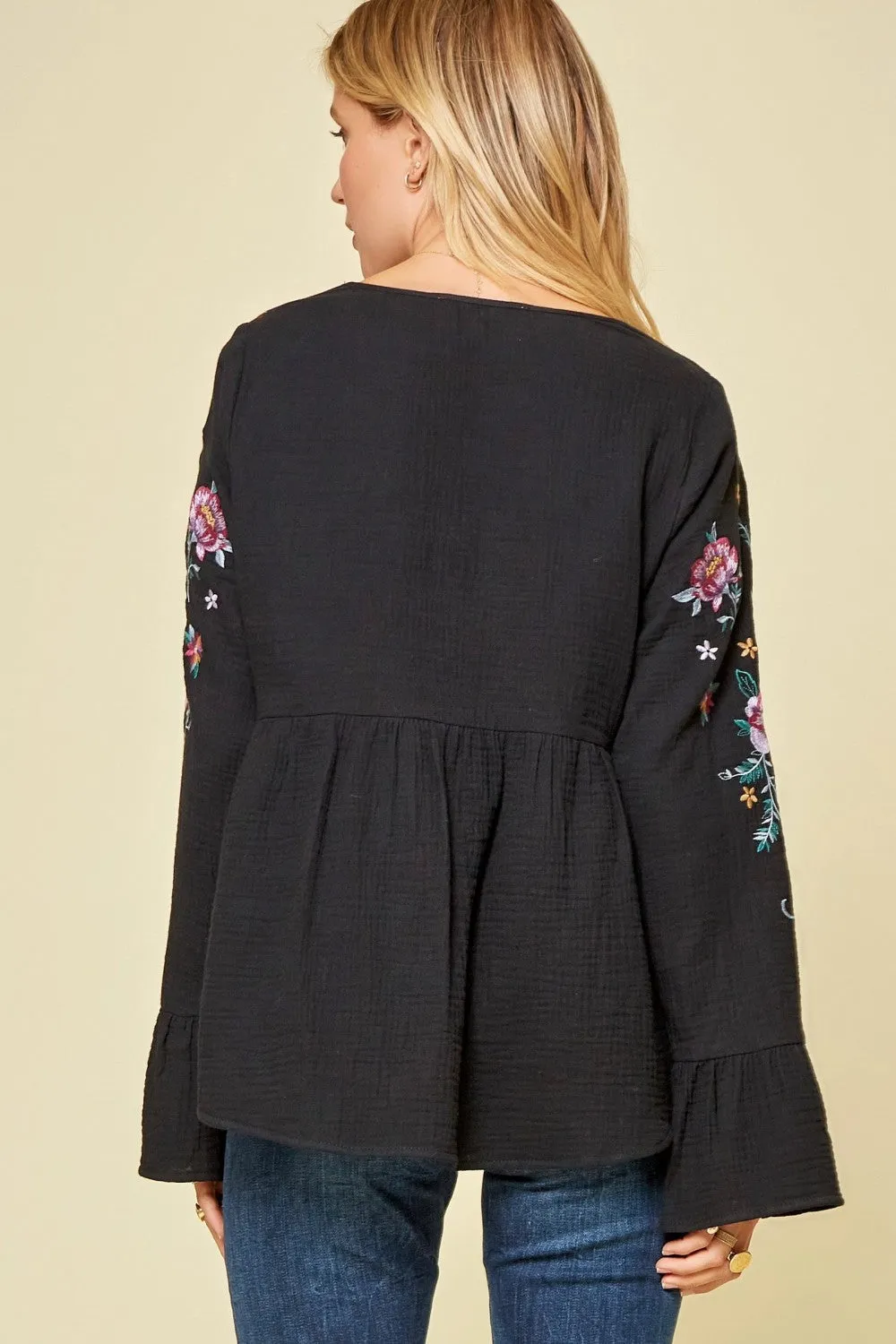 Embroidered Babydoll Top, Black