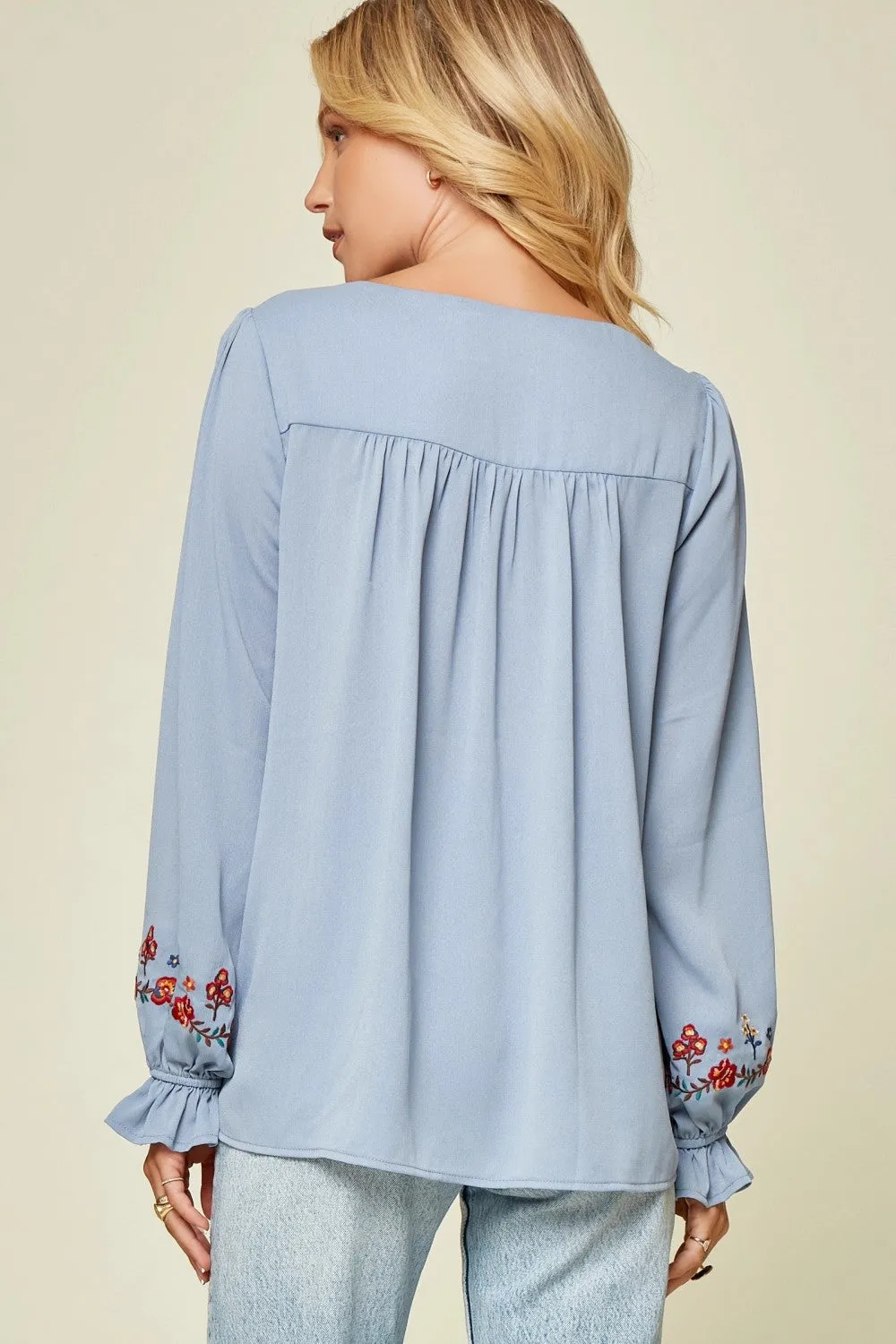 Embroidered Babydoll Top, Blue